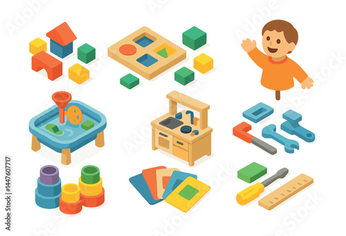 Interactive learning tools icon set – building blocks, puzzle, kid, water table, toy kitchen, tools, cards