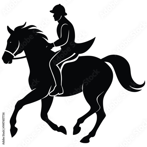 A black silhouette of a rider on a horse, with both in motion, capturing the elegance and energy of equestrian sport