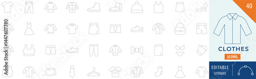 Clothes icon collection set. Containing T-shirt, shirt, dress, shoe, tie, underware, jeans, and more. Editable stroke.