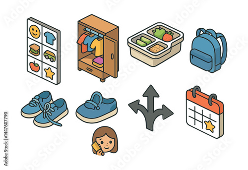 Encouraging independence icons set – chores, wardrobe, lunchbox, backpack, shoes, choices, calendar