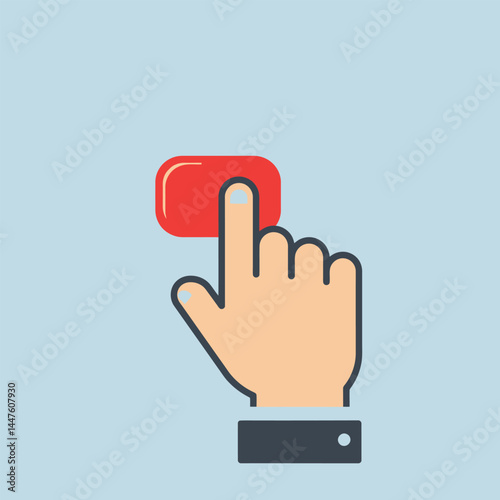 Hand pressing the red button. Flat design style