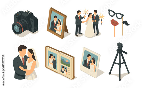 Isometric wedding icons set – camera, album, frame, newlyweds, tripod, sparklers, glasses, lips, mustache