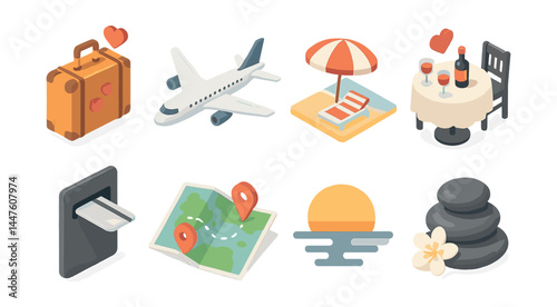 Romantic honeymoon icons set – luggage, plane, beach, dining, hotel, map, sunset, spa