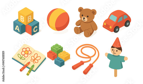Playtime fun icons set – blocks, ball, teddy, car, coloring, bricks, rope, puppet