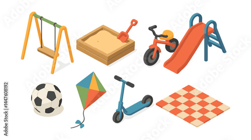 Outdoor play icons set – playground, sandbox, bicycle, slide, soccer, kite, scooter, checkers