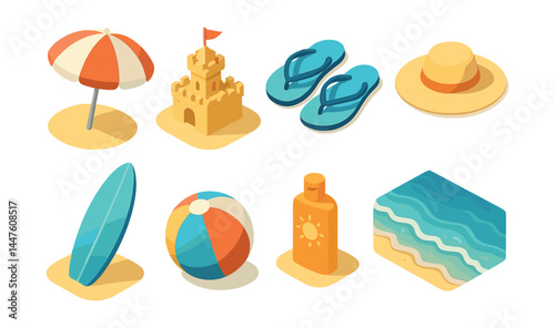 Beach essentials icons set – umbrella, sandcastle, flip-flops, hat, surfboard, beachball, sunscreen, waves