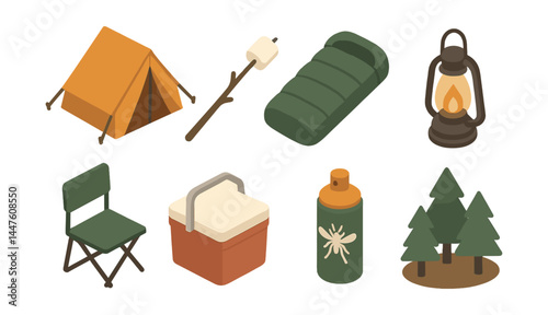 Camping essentials icons set – tent, sleeping bag, lantern, cooler, trees, campfire