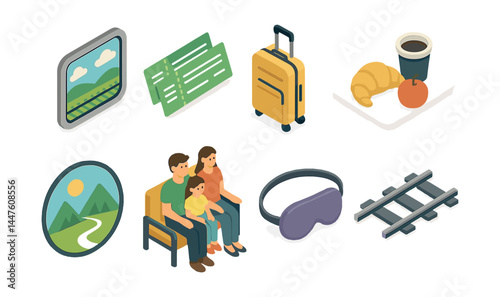 Family train adventure icons set – tickets, luggage, snacks, tracks, mountains