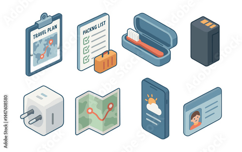 Isometric travel essentials icons set – map, suitcase, toothbrush, power bank, plug, itinerary