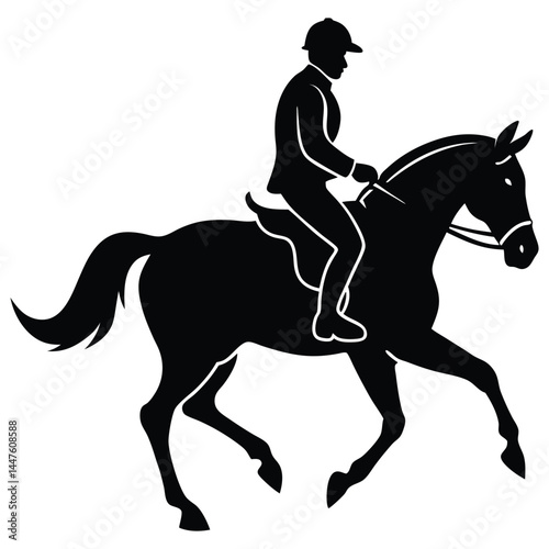 A black silhouette of a rider on a horse, with both in motion, capturing the elegance and energy of equestrian sport