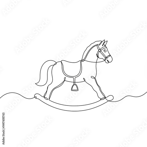 A continuous line drawing presents classic rocking horse with saddle and bridle, evoking nostalgia for childhood play.