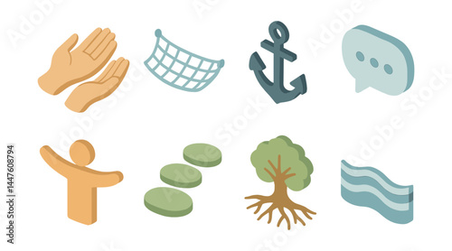 Supportive themed icon set for communication and guidance – hands, net, anchor, chat, person, coins, tree, waves