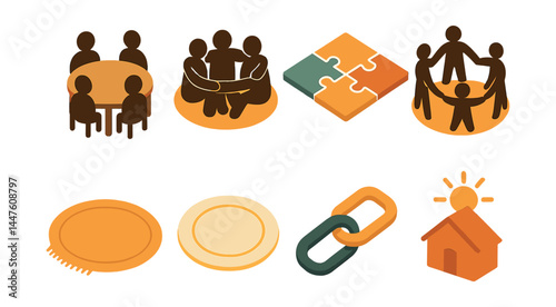 Unity and collaboration icons set – meeting, embrace, puzzle, support