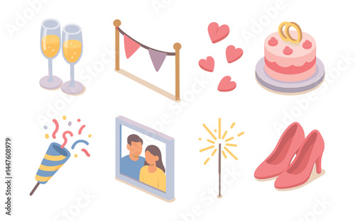 Engagement celebration icons set – rings, cake, hearts, champagne glasses, banner, confetti, portrait, sparklers, shoes