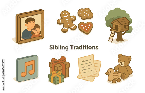 Sibling traditions icons set – memories, gifts, music, play, stories, baking, family, toys, treehouse