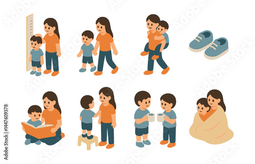 Sibling activities icons set – playing, reading, walking, hugging, measuring, shoes, piggyback, blanket