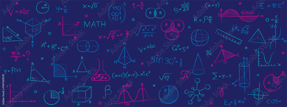 Naklejka premium A science and math education background. A seamless pattern of hand-drawn chalk doodles with formulas and icons from physics, chemistry, geometry on a dark blue chalkboard for a school or university.