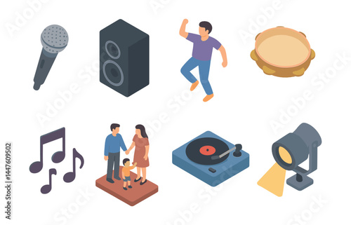 Music and dance icons set – microphone, speaker, dancer, tambourine, family, turntable, spotlight
