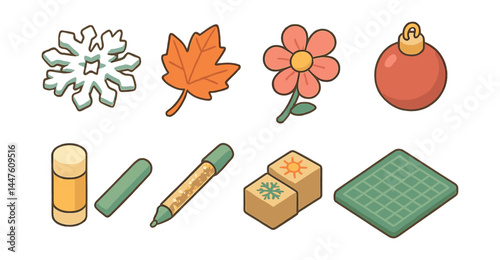 Seasonal craft icons set – snowflake, leaf, flower, bauble, glue, pencil, blocks, mat