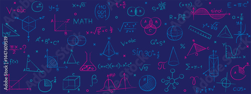 A science and math education background. A seamless pattern of hand-drawn chalk doodles with formulas and icons from physics, chemistry, geometry on a dark blue chalkboard for a school or university.