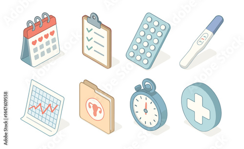 Family planning essentials icons set – calendar, checklist, pills, test, chart, folder, timer, health