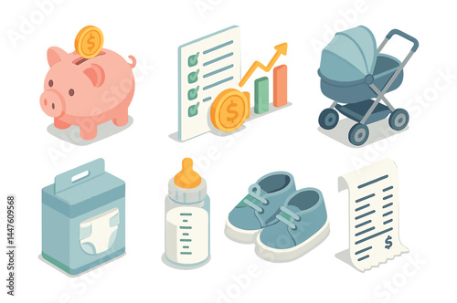 Baby budget essentials icons set – piggy bank, checklist, stroller, diapers, bottle, shoes, receipt