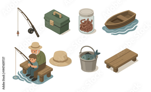 Fishing icons set – rod, tackle box, worms, boat, fishing hat, bucket, bench