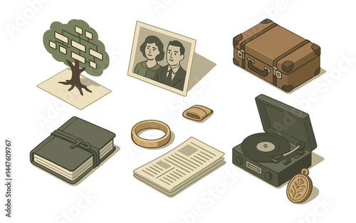 Nostalgic family heirlooms icons set – tree, photo, suitcase, book, ring, record player