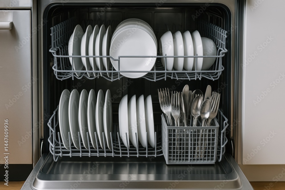 Clean Plates and Utensils Neatly Arranged in a Modern Dishwasher During a Bright Afternoon Clean Plates and Utensils Neatly Arranged in a Modern Dishwasher During a Bright Afternoon