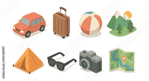 Isometric family adventure icons set – car, suitcase, ball, mountains, tent, sunglasses, camera, map