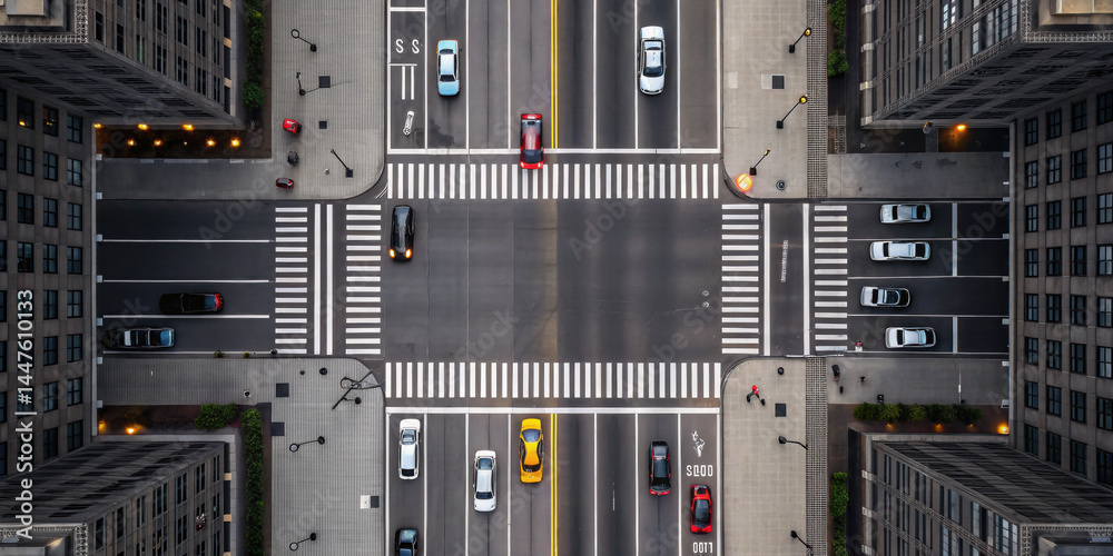 Aerial view of busy urban intersection with crosswalks, multiple cars, and tall buildings on each corner, showing city life and traffic flow in metropolitan area Aerial view of busy urban intersection with crosswalks, multiple cars, and tall buildings on each corner, showing city life and traffic flow in metropolitan area