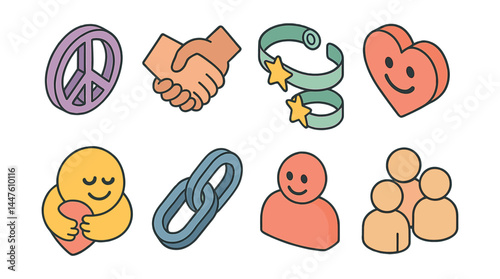 Friendship icon set – peace, handshake, hearts, stars, connection, community