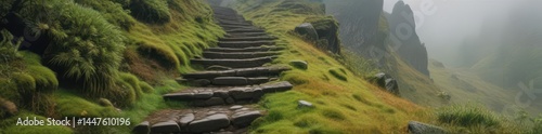 Ancient moss-covered stone steps ascend a softly sloping cloud-kissed mountain path , rustic, aged, slope