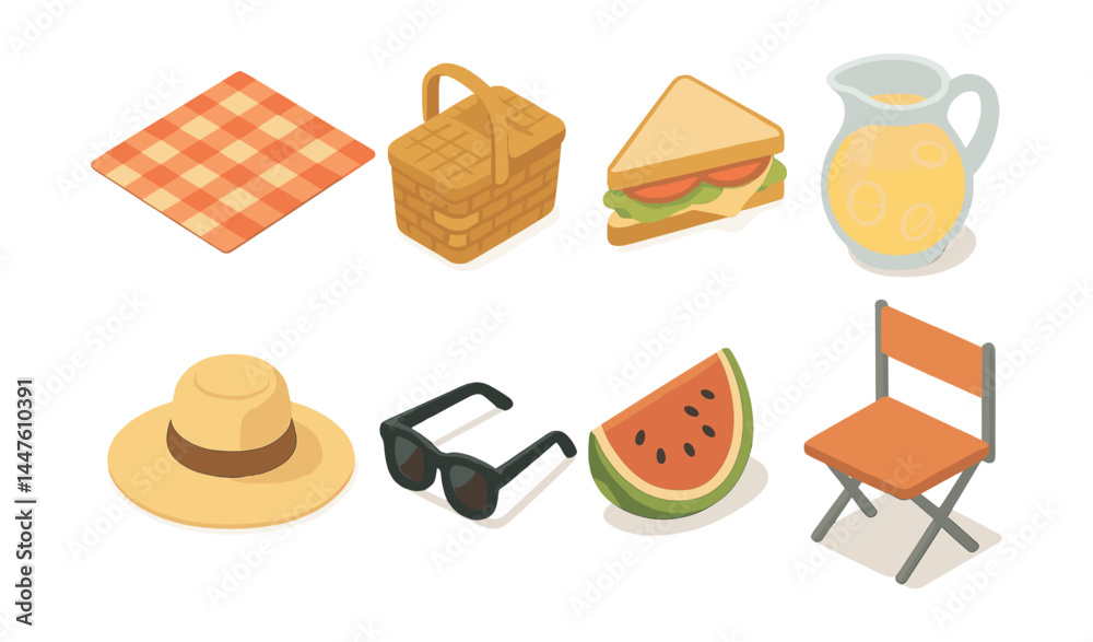 Isometric picnic essentials icons set – blanket, basket, sandwich, lemonade, hat, sunglasses, watermelon, chair Isometric picnic essentials icons set – blanket, basket, sandwich, lemonade, hat, sunglasses, watermelon, chair