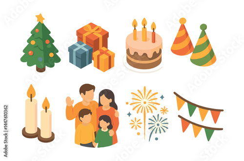 Festive holiday icons set – christmas tree, gifts, cake, party hats, candles, family, fireworks, banners