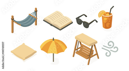 Garden relaxation icons set – hammock, book, glasses, drink, cushion, umbrella, chair, breeze