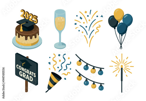 Graduation celebration icons set – cake, cap, champagne, confetti, balloons, sign, lights, sparkler