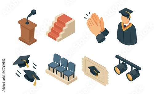 Graduation ceremony icons set – podium, stairs, applause, graduate, cap, chairs, diploma, binoculars