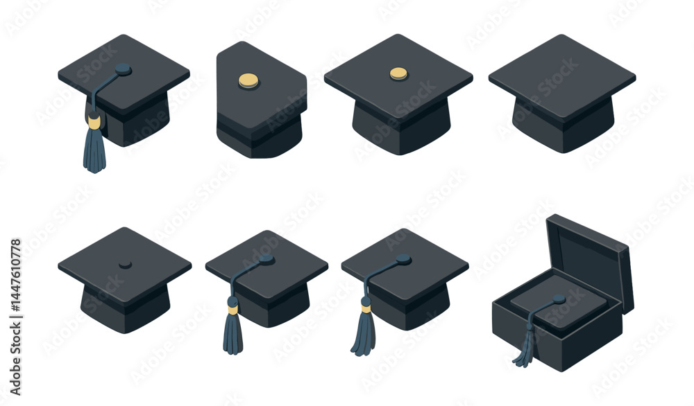 Graduation cap isometric icons set – mortarboard, hat, tassel, ceremony, education, cap, 3d designs