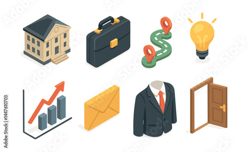 Post graduation pathway icons set – school, briefcase, map, lightbulb, graph, mail, suit, door