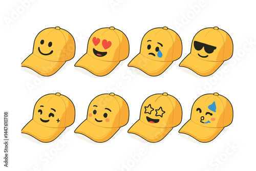 Emotional caps icons set – smiley, heart-eyes, sad, cool, wink, stars, blush, emotional faces