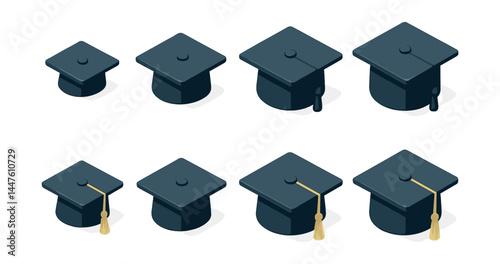 Graduation caps progression icons set – stages, caps, education, growth, achievement, success, learning, future