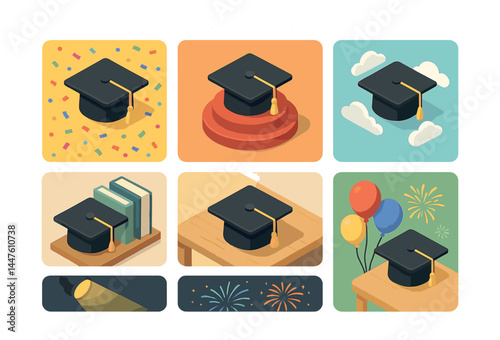 Graduation icon set – caps in celebratory and educational contexts