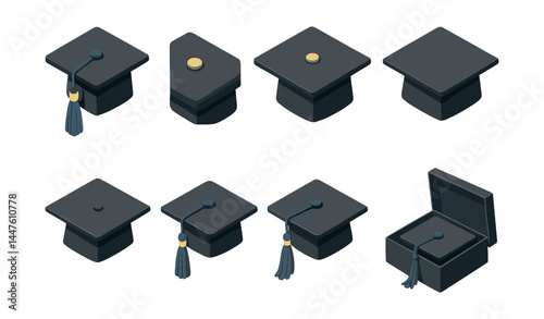Graduation cap isometric icons set – mortarboard, hat, tassel, ceremony, education, cap, 3d designs