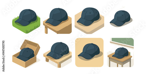 Isometric cap icons set – hat, baseball, sport, fashion, headwear, style, accessory, casual, design