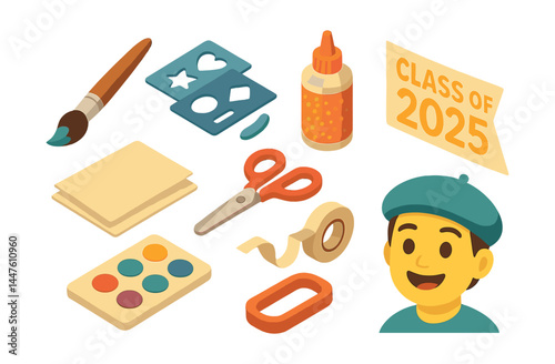 Class of 2025 art supplies icons – paintbrush, palette, scissors, tape, glue, craft