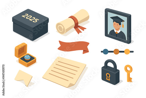 Graduation memory icons set – time capsule, diploma, graduate, ring, scroll, lock