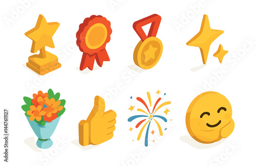 Best wishes icons set – trophy, medal, ribbon, star, bouquet, thumbs up, fireworks, smile