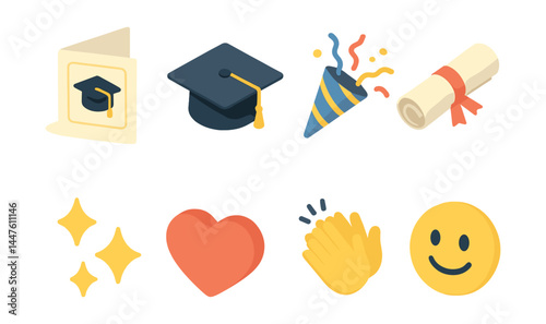 Graduation celebration icons set – cap, diploma, confetti, heart, smile
