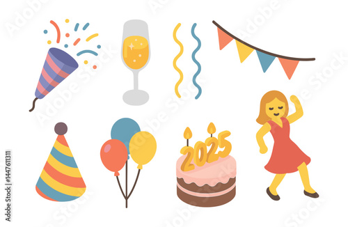 Festive celebration icons set – party, balloons, cake, champagne, streamers, dance, banner